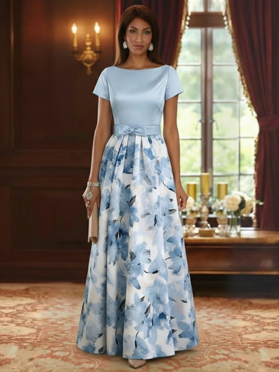 Boat Neck Satin Mother of the Bride Dresses Floral Floor-Length Short Sleeves Bowknot