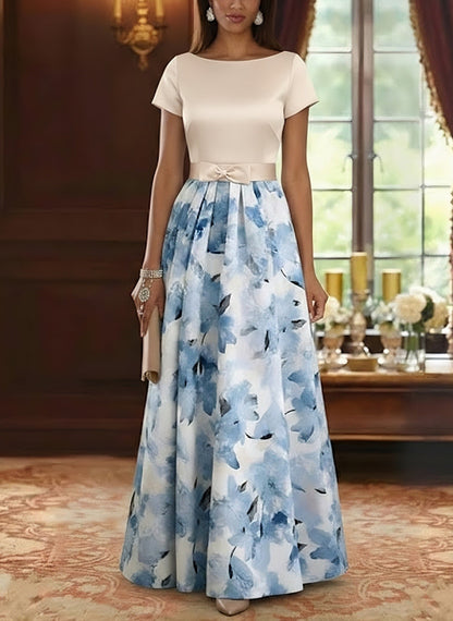 Boat Neck Satin Mother of the Bride Dresses Floral Floor-Length Short Sleeves Bowknot