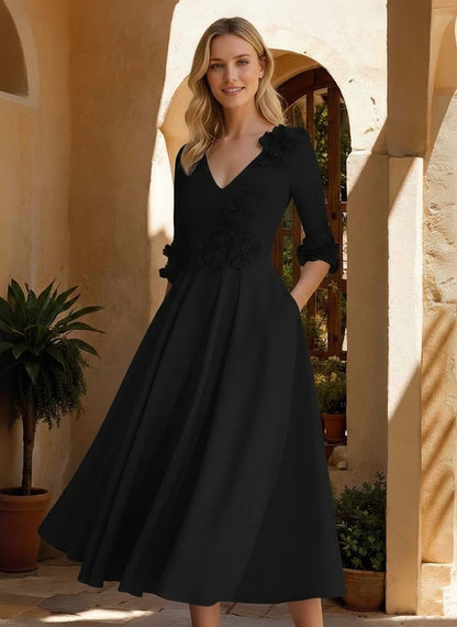 V-Neck Stretch Satin Mother of the Bride Dresses Tea-Length 3/4 Sleeves 3D Flower