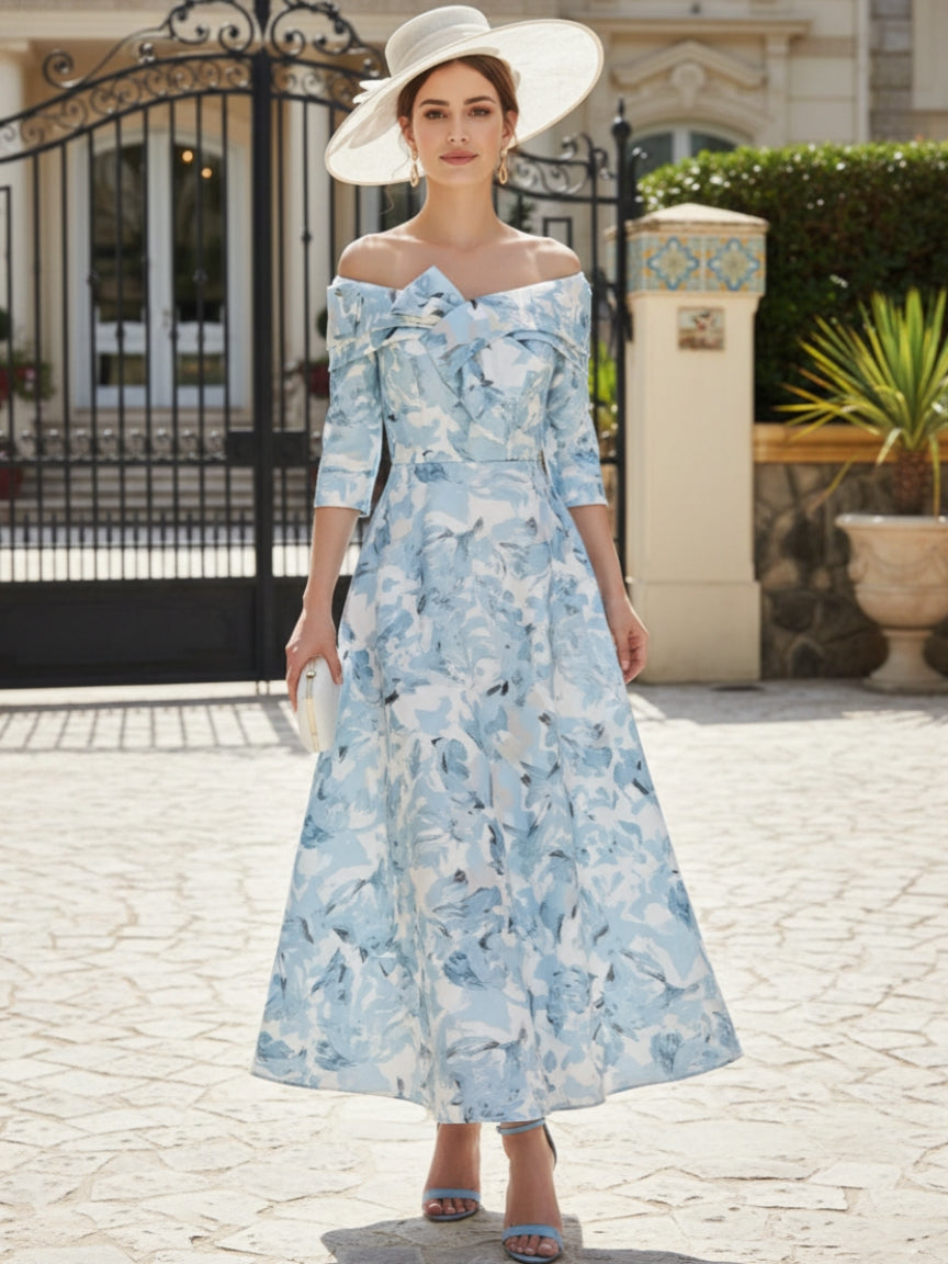 Off-the-Shoulder Mother of the Bride Dresses Printed Satin Ankle-Length Sleeveless Floral