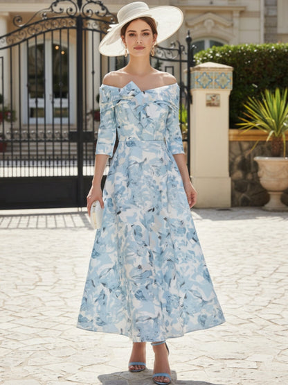 Off-the-Shoulder Mother of the Bride Dresses Printed Satin Ankle-Length Sleeveless Floral