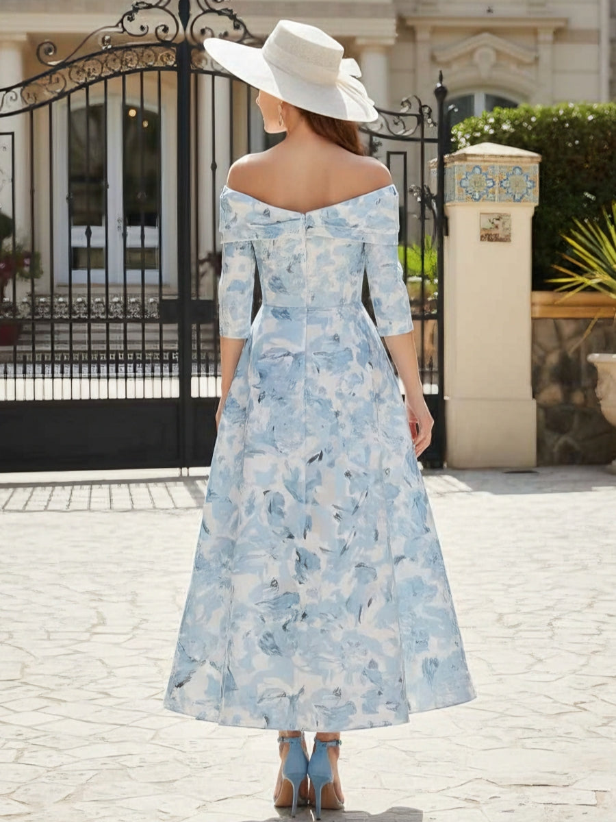 Off-the-Shoulder Mother of the Bride Dresses Printed Satin Ankle-Length Sleeveless Floral