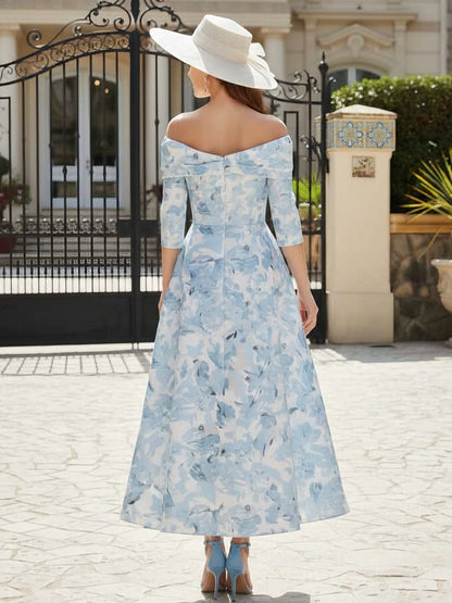 Off-the-Shoulder Mother of the Bride Dresses Printed Satin Ankle-Length Sleeveless Floral