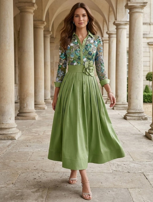 Shirt Collar Satin Mother of the Bride Dresses Tea-Length Lace Sequins 3/4 Sleeves Floral 3D Flower