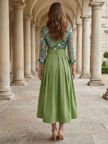 Shirt Collar Satin Mother of the Bride Dresses Tea-Length Lace Sequins 3/4 Sleeves Floral 3D Flower