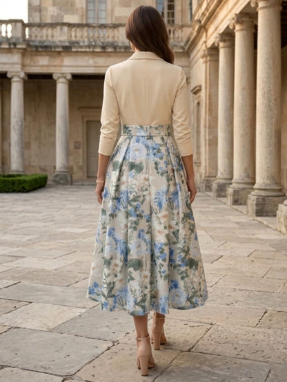 V-Neck Mother of the Bride Dresses Printed Satin 3/4 Sleeves Floral Tea-Length
