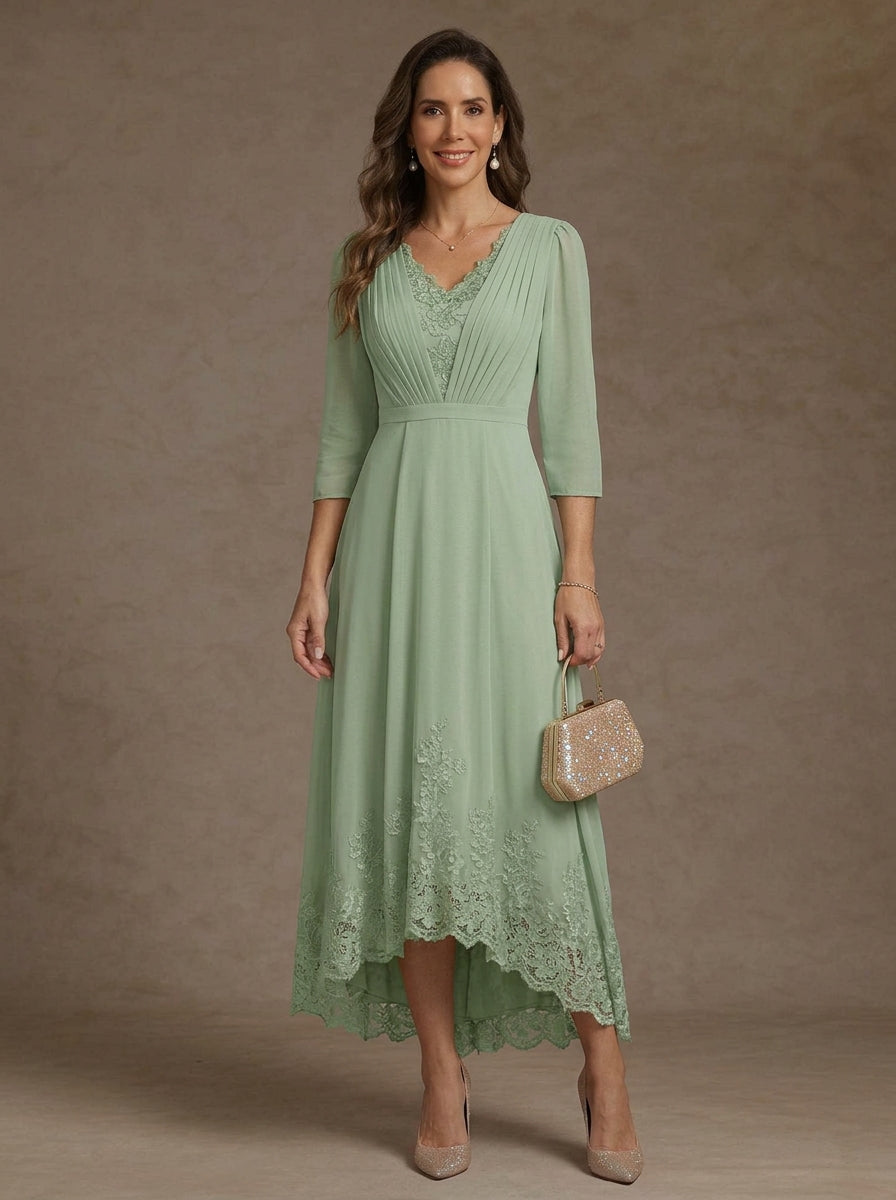 V-Neck Chiffon Mother of the Bride Dresses Asymmetrical Tea-Length Lace 3/4 Sleeves