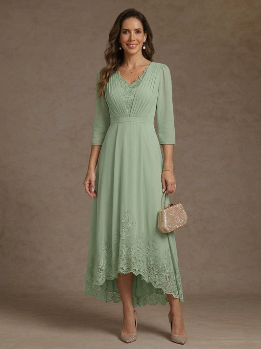 V-Neck Chiffon Mother of the Bride Dresses Asymmetrical Tea-Length Lace 3/4 Sleeves