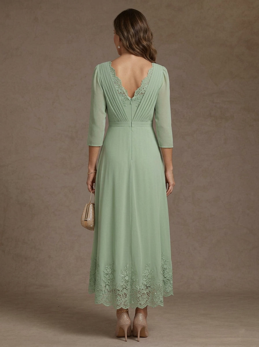 V-Neck Chiffon Mother of the Bride Dresses Asymmetrical Tea-Length Lace 3/4 Sleeves