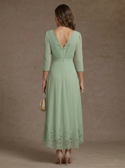 V-Neck Chiffon Mother of the Bride Dresses Asymmetrical Tea-Length Lace 3/4 Sleeves