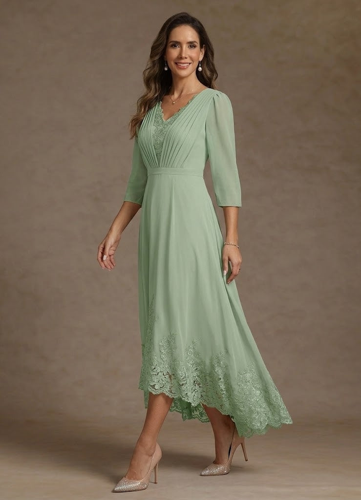 V-Neck Chiffon Mother of the Bride Dresses Asymmetrical Tea-Length Lace 3/4 Sleeves