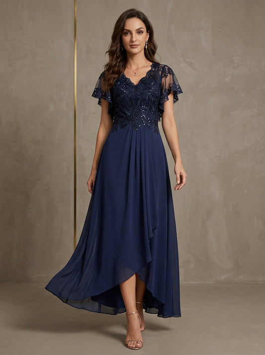 V-Neck Chiffon Mother of the Bride Dresses Asymmetrical Ankle-Length Lace Sequins Short Sleeves
