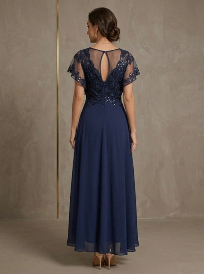 V-Neck Chiffon Mother of the Bride Dresses Asymmetrical Ankle-Length Lace Sequins Short Sleeves