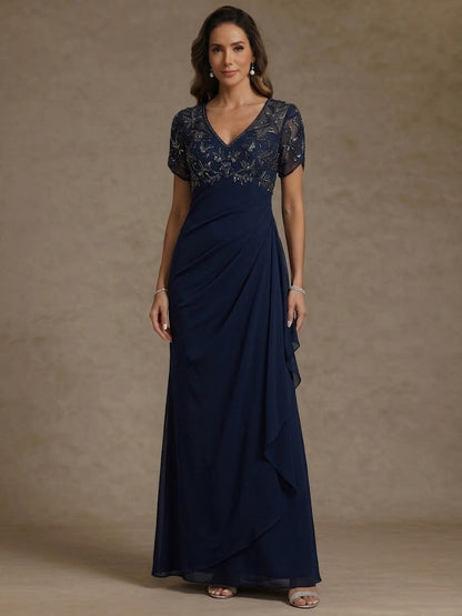 V Neck Mother of the Bride Dresses Short Sleeves Chiffon Ankle Length Sequins Ruffles