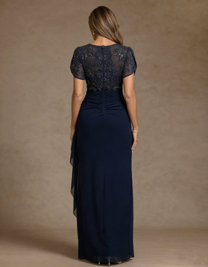 V Neck Mother of the Bride Dresses Short Sleeves Chiffon Ankle Length Sequins Ruffles