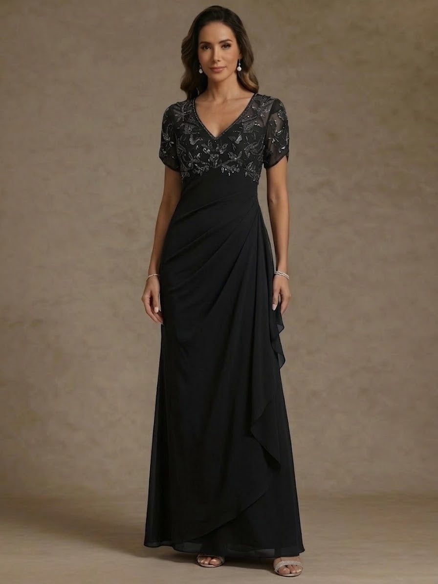 V Neck Mother of the Bride Dresses Short Sleeves Chiffon Ankle Length Sequins Ruffles