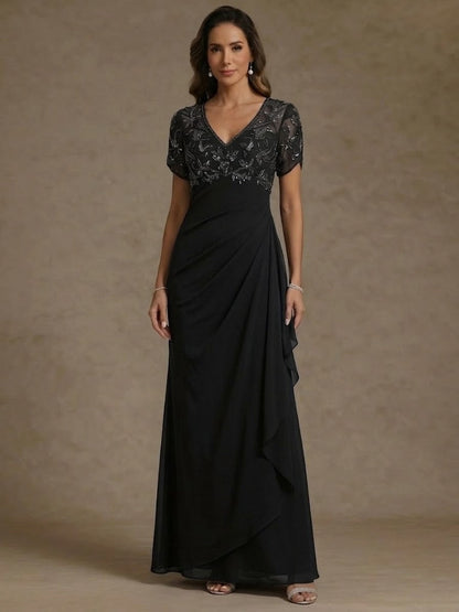 V Neck Mother of the Bride Dresses Short Sleeves Chiffon Ankle Length Sequins Ruffles