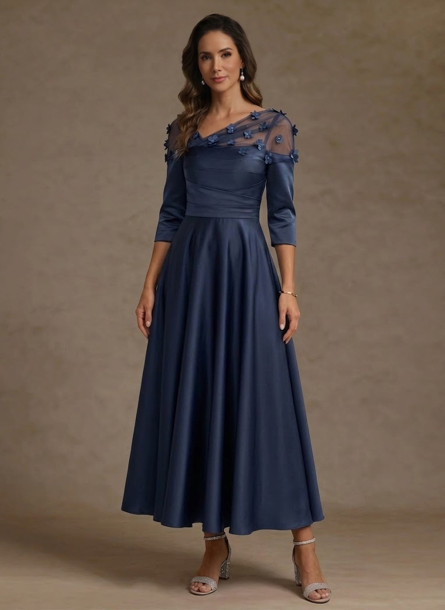 V-Neck Acetate Satin Mother of the Bride Dresses 3/4 Sleeves Floral Tea-Length 3D Flower