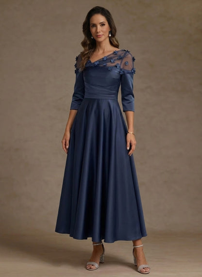 V-Neck Acetate Satin Mother of the Bride Dresses 3/4 Sleeves Floral Tea-Length 3D Flower