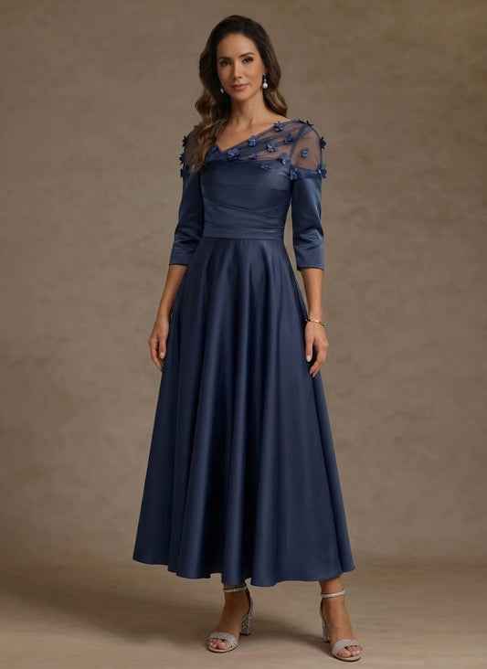 V-Neck Acetate Satin Mother of the Bride Dresses 3/4 Sleeves Floral Tea-Length 3D Flower