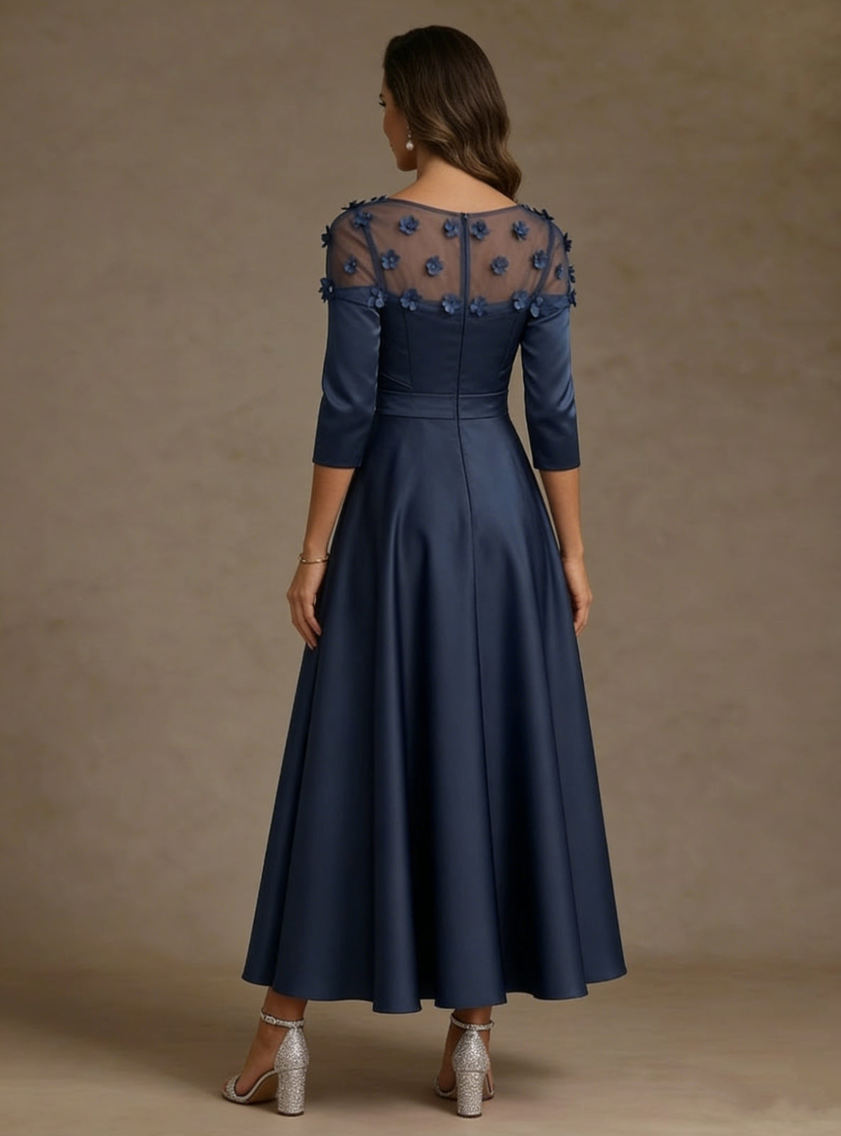 V-Neck Acetate Satin Mother of the Bride Dresses 3/4 Sleeves Floral Tea-Length 3D Flower