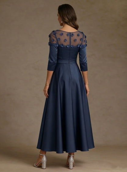 V-Neck Acetate Satin Mother of the Bride Dresses 3/4 Sleeves Floral Tea-Length 3D Flower