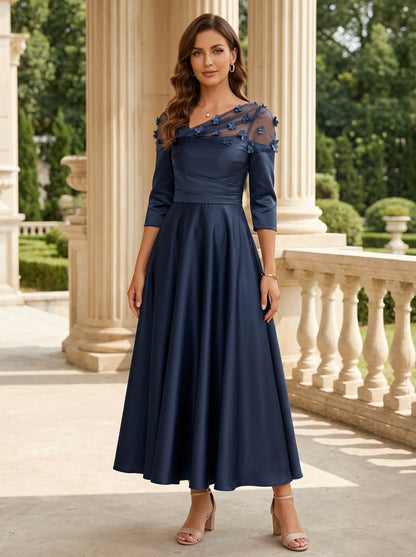 V-Neck Acetate Satin Mother of the Bride Dresses 3/4 Sleeves Floral Tea-Length 3D Flower