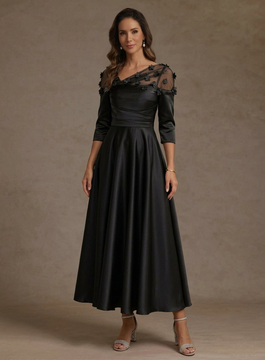 V-Neck Acetate Satin Mother of the Bride Dresses 3/4 Sleeves Floral Tea-Length 3D Flower