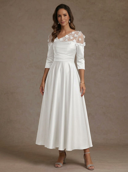 V-Neck Acetate Satin Mother of the Bride Dresses 3/4 Sleeves Floral Tea-Length 3D Flower