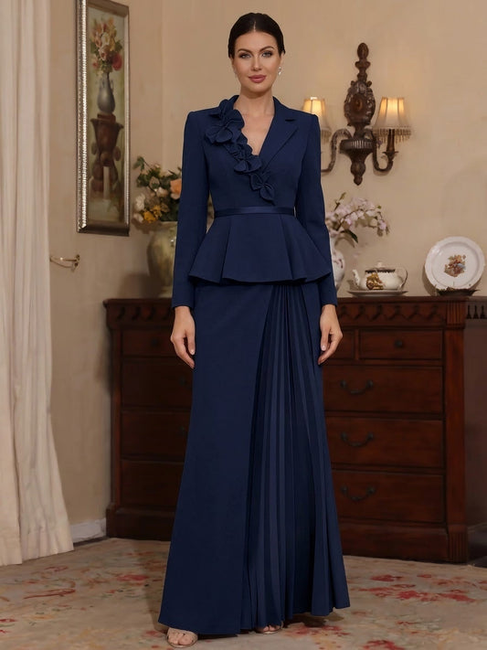 V-Neck Stretch Satin Mother Of The Bride Dresses With 3D Flower Long Sleeves Floor-Length Pleated