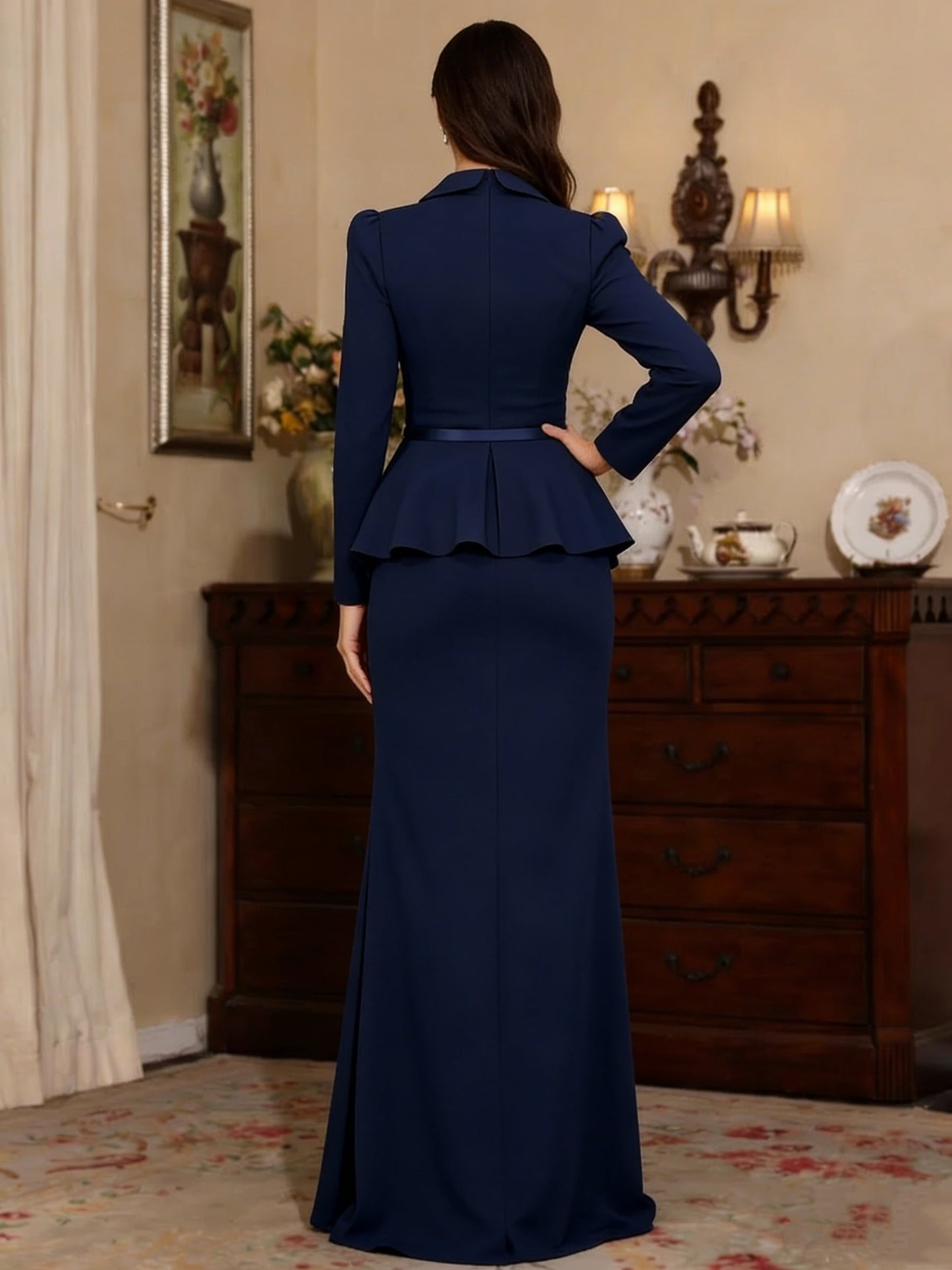V-Neck Stretch Satin Mother Of The Bride Dresses With 3D Flower Long Sleeves Floor-Length Pleated