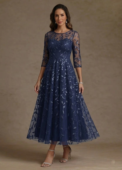 Scoop Lace Sequins Mother of the Bride Dresses 3/4 Sleeves Floral Tea-Length