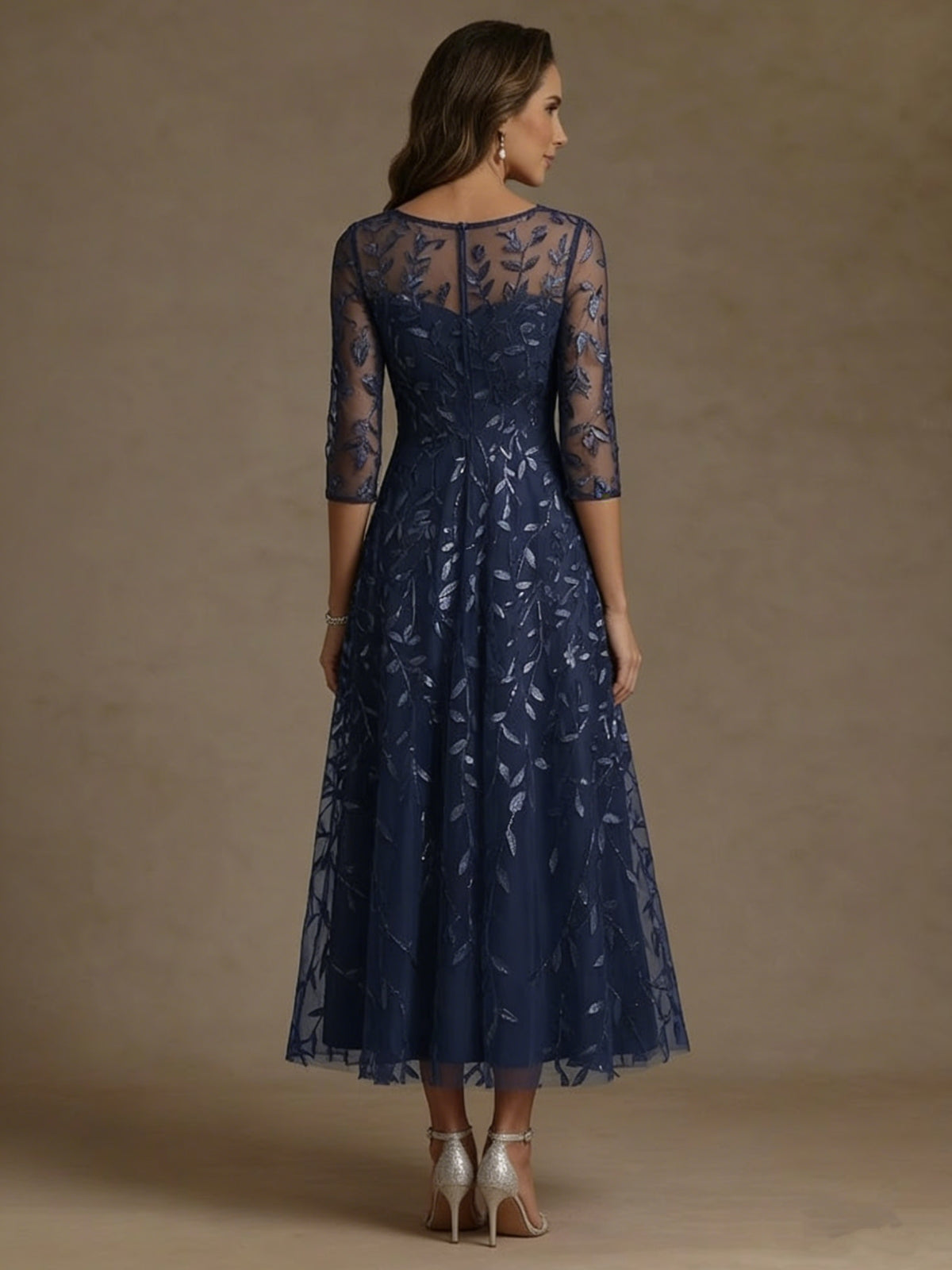 Scoop Lace Sequins Mother of the Bride Dresses 3/4 Sleeves Floral Tea-Length