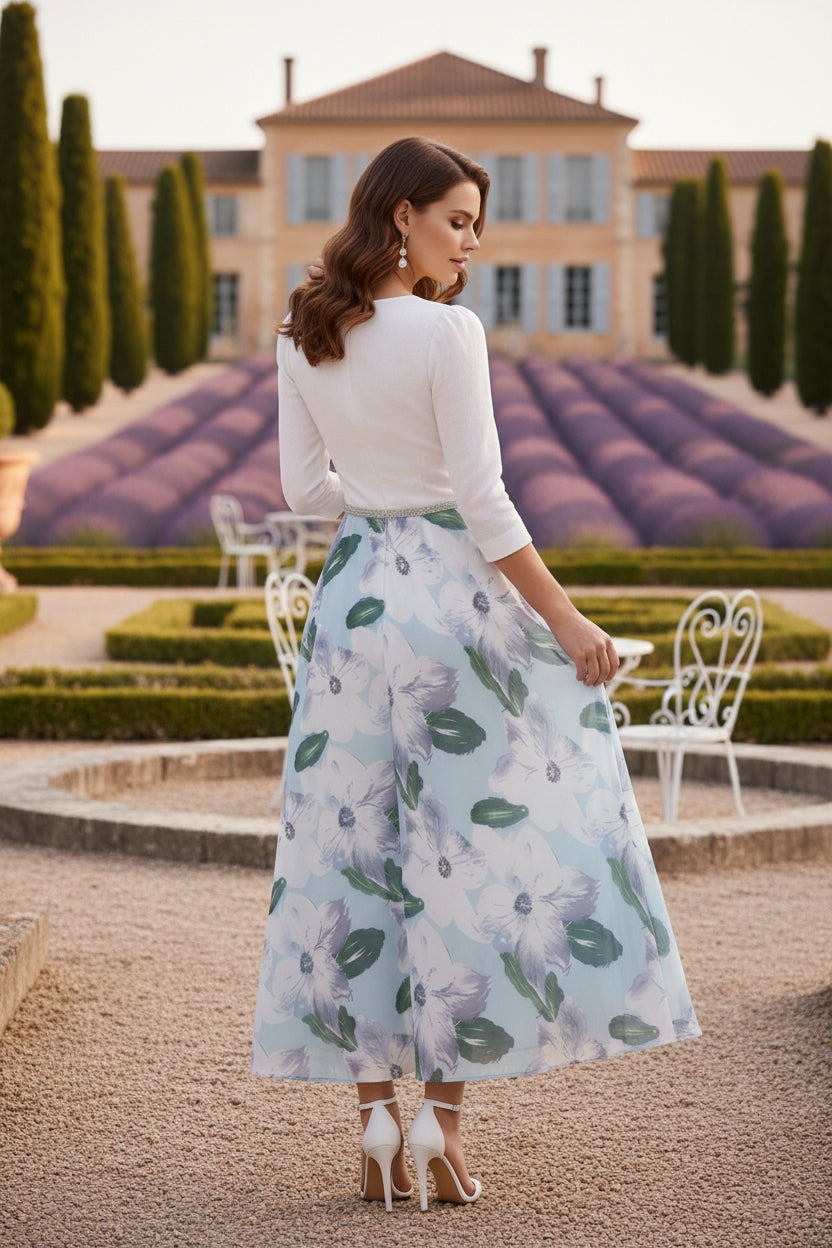 V-Neck Satin Mother of the Bride Dresses 3/4 Sleeves Chiffon Floral Tea-Length Sash