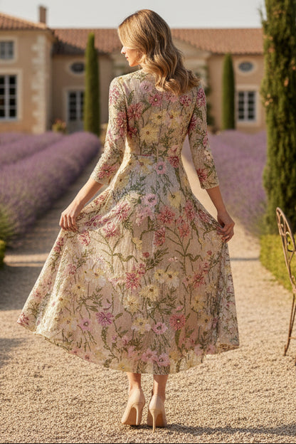 Scoop Sequins Mother of the Bride Dresses 3/4 Sleeves Floral Ankle-Length