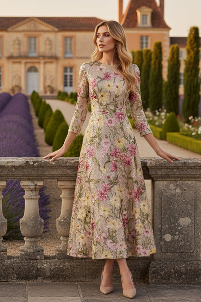Scoop Sequins Mother of the Bride Dresses 3/4 Sleeves Floral Ankle-Length