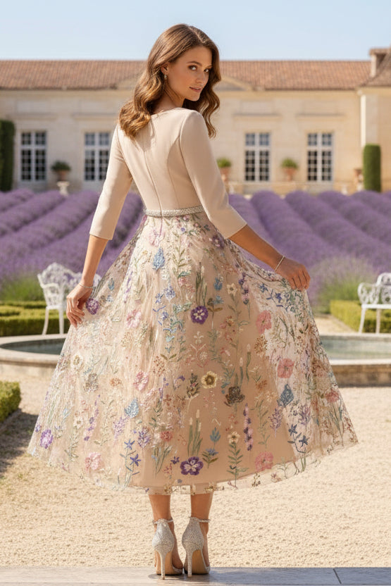V-Neck Satin Mother of the Bride Dresses 3/4 Sleeves Lace Embroidery Floral Ankle-Length Sash