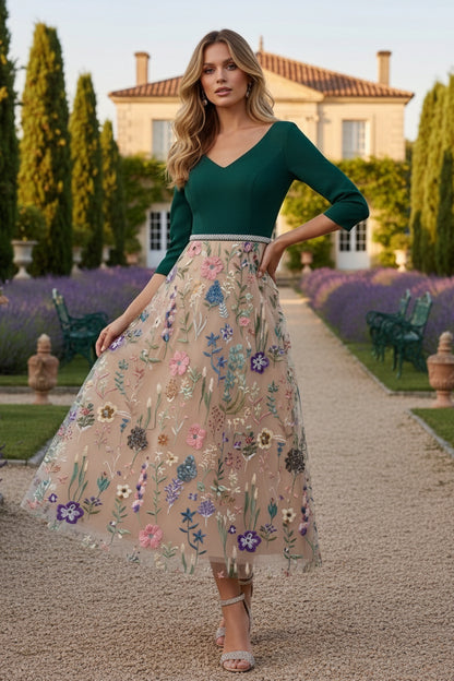 V-Neck Satin Mother of the Bride Dresses 3/4 Sleeves Lace Embroidery Floral Ankle-Length Sash