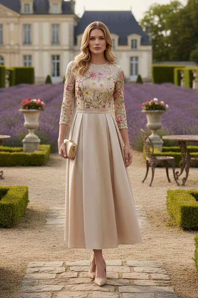 Scoop Satin Mother of the Bride Dresses 3/4 Sleeves Sequins Floral Ankle-Length