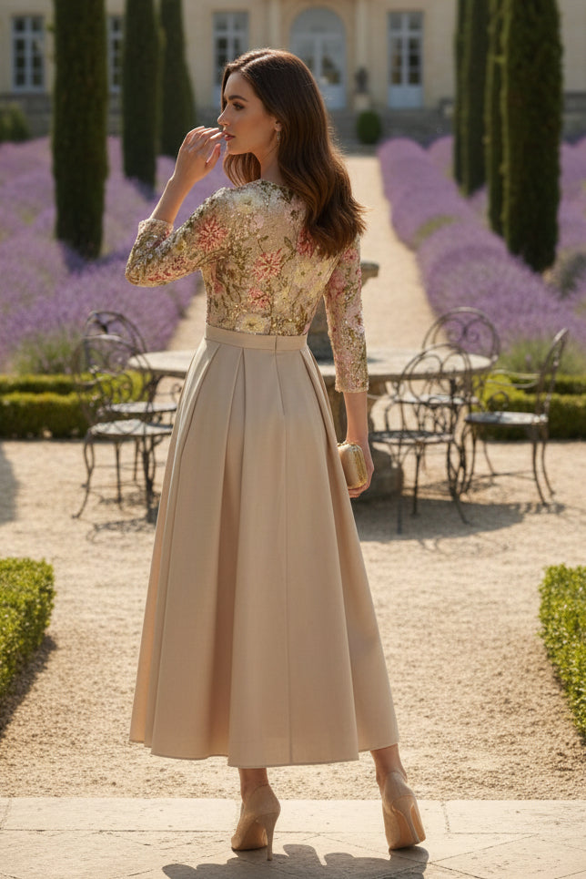 Scoop Satin Mother of the Bride Dresses 3/4 Sleeves Sequins Floral Ankle-Length