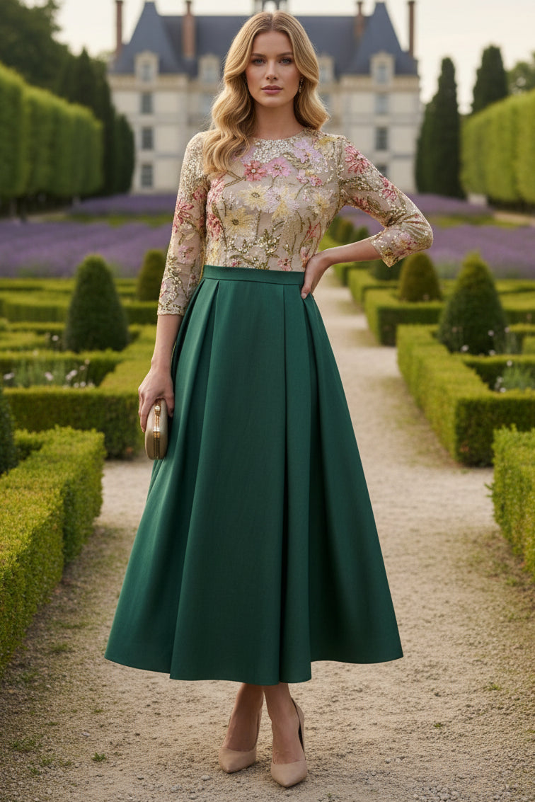 Scoop Satin Mother of the Bride Dresses 3/4 Sleeves Sequins Floral Ankle-Length