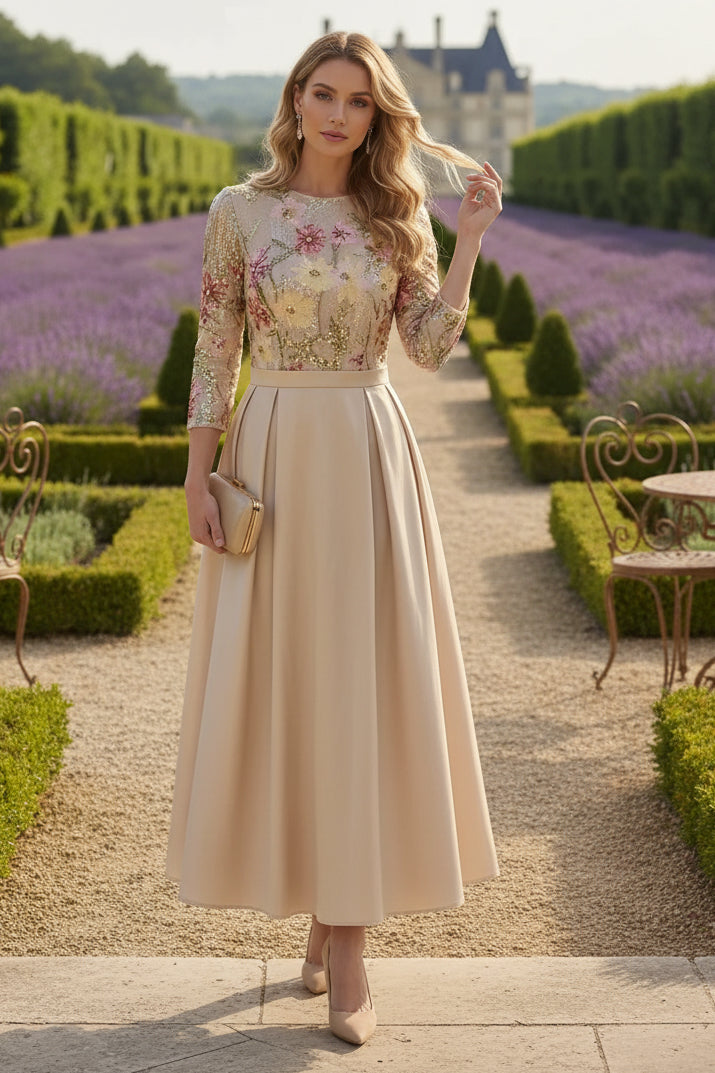 Scoop Satin Mother of the Bride Dresses 3/4 Sleeves Sequins Floral Ankle-Length
