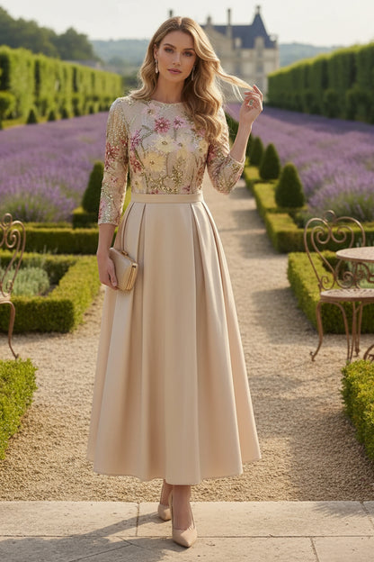 Scoop Satin Mother of the Bride Dresses 3/4 Sleeves Sequins Floral Ankle-Length