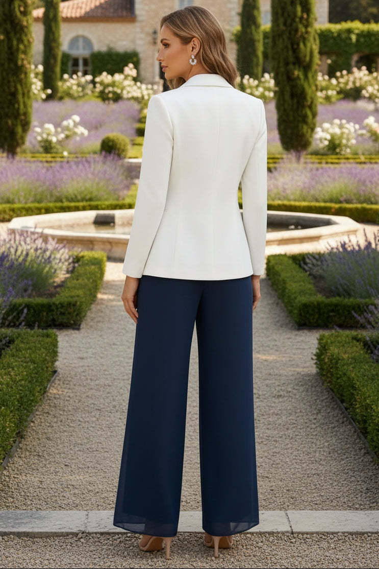 2 Pieces Jumpsuit V-Neck Stretch Satin Mother of the Bride Jumpsuit with Jacket Chiffon Long Sleeves Lace Ankle-Length