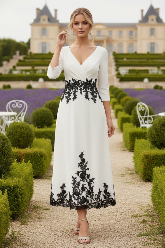 V-Neck Stretch Satin Mother Of The Bride Dresses Lace Floral 3/4 Sleeves Tea-Length