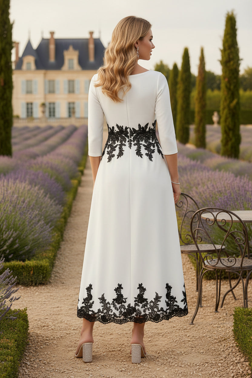 V-Neck Stretch Satin Mother Of The Bride Dresses Lace Floral 3/4 Sleeves Tea-Length