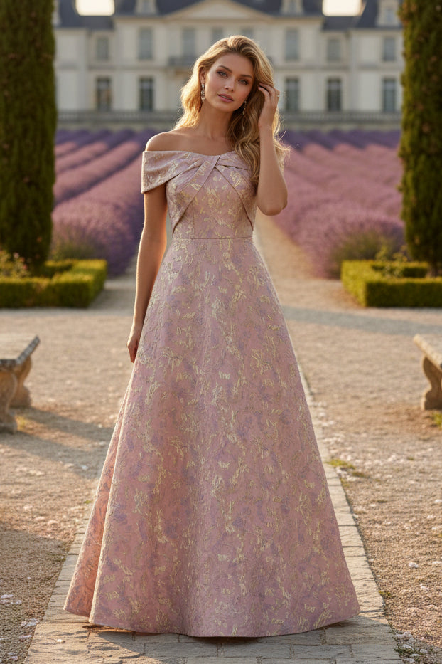 Off-the-Shoulder Jacquard Mother of the Bride Dresses Sleeveless Floral Ankle-Length