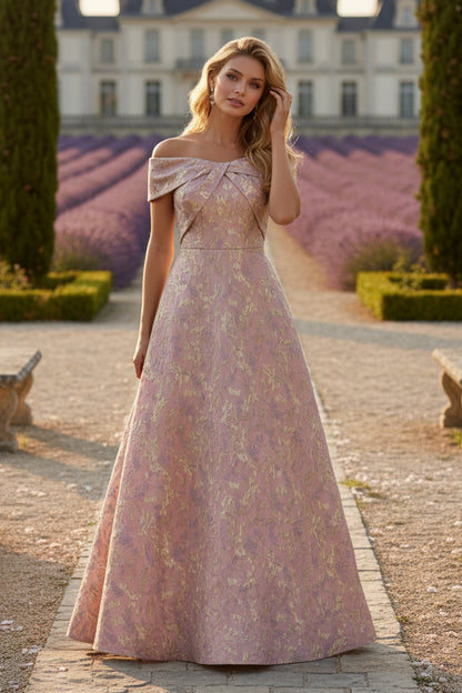 Off-the-Shoulder Jacquard Mother of the Bride Dresses Sleeveless Floral Ankle-Length