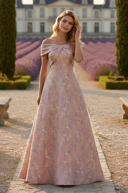 Off-the-Shoulder Jacquard Mother of the Bride Dresses Sleeveless Floral Ankle-Length