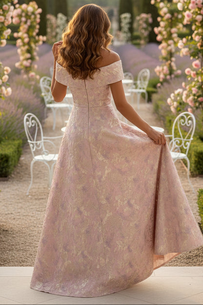 Off-the-Shoulder Jacquard Mother of the Bride Dresses Sleeveless Floral Ankle-Length